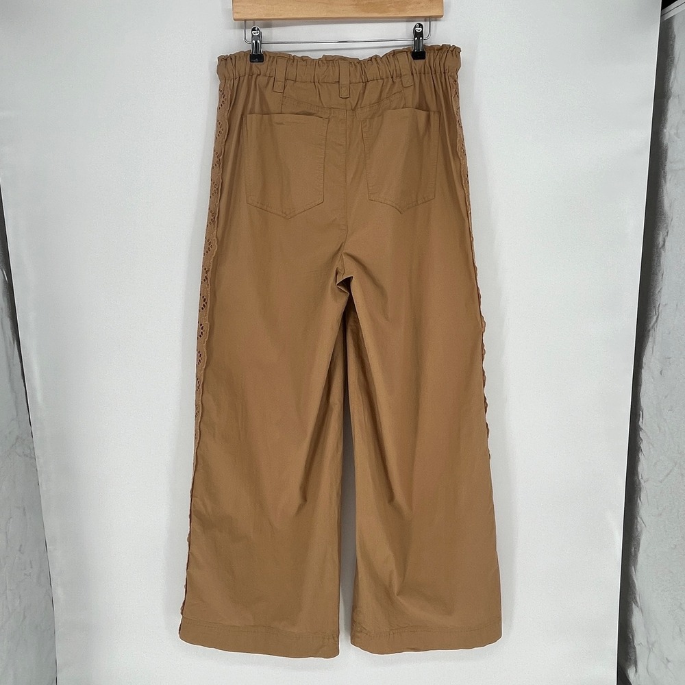 Democracy NWT Stretch Camel Wide Leg Pants Paperbag Waist Crochet Trim Size 10 - Picture 8 of 12